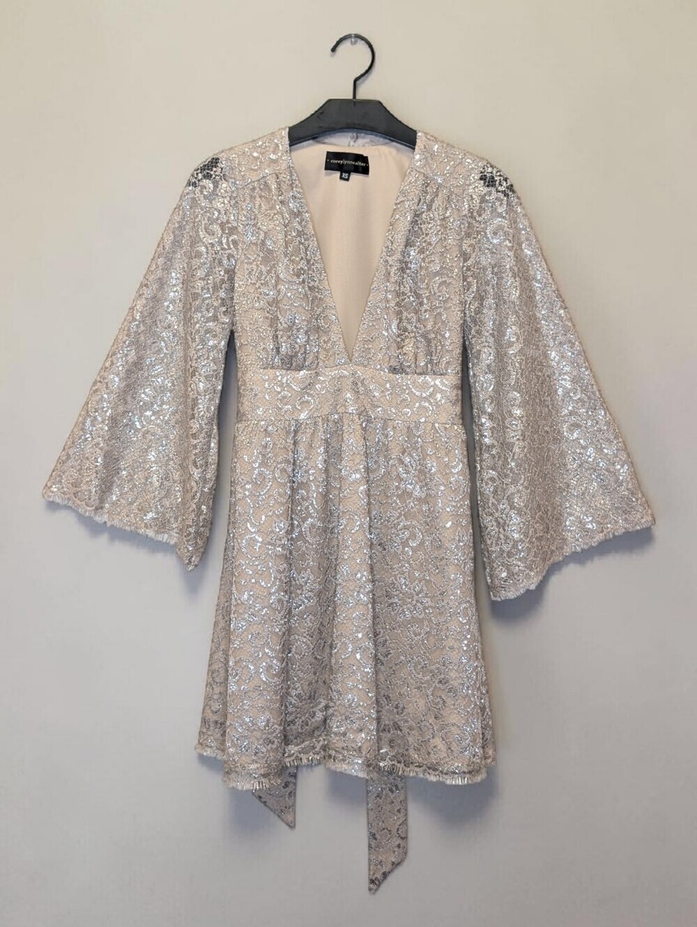 Corey Lynn Calter XS Metallic Lace Bell Sleeve Mini Dress Tie Back